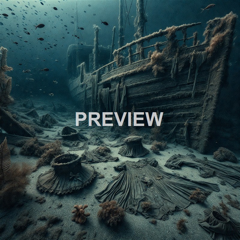 The image depicts the remains of a sunken shipwreck on the ocean floor, covered in marine growth with scattered debris and fish swimming around.